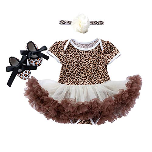 BabyPreg Vestido bebé niña con Estampado de Cebra Leopardo Zapatos de Vestir Tutu Diadema de 3 Piezas (Leopardo marrón, 12 Months) Cover