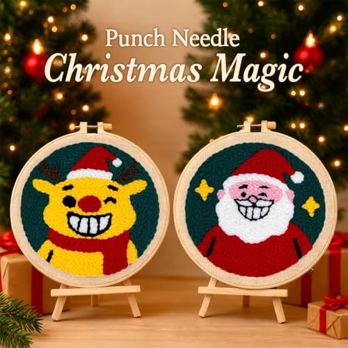Image of Christmas Punch Needle Kit for Adult Beginner, 2-Pack Santa & Reindeer Easy Punch Embroidery Starter Set with Instruction, Fun DIY Needle Point Craft for Home Decor & Holiday Gift Idea