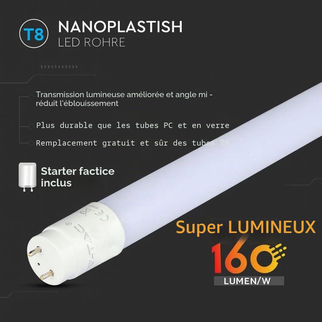 Lot de 5 tubes LED 120 cm, blanc neutre (4000 K), 160 lm/W, 1920 lumens, T8, G13-12 W (remplace 36 W) avec démarreur, tube LED fluorescent tube