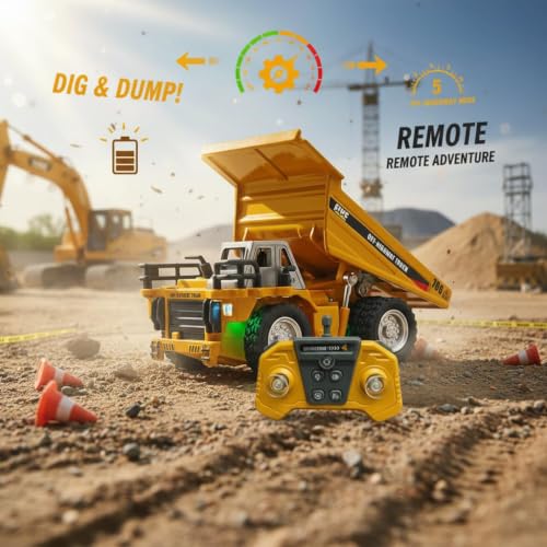 Image of RC Dumper Truck Toy for Kids, 1:64 Die-Cast Metal Construction Truck with Remote Control, LED Lights, Lifting Dump Bed, Rubber Tyres, Engineering Vehicle Toy Gift for Boys & Girls Age 3+