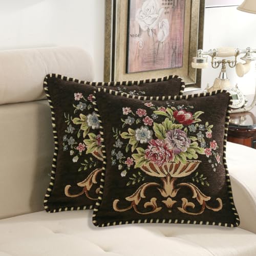 Qupace Set of 2 Brown Vintage Embroidered Throw Pillow Covers