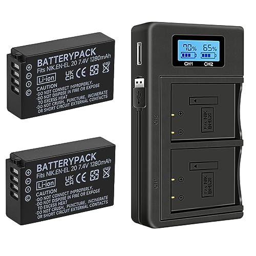 Palogreen Baterías EN-EL20 EN-EL20a y Cargador USB LCD para Nikon Coolpix P950, P1000, P1100, Coolpix A, DL24-500, 1 AW1, 1 J1, 1 J2, 1 J3, 1 S1, 1 V3 Cámara Digital