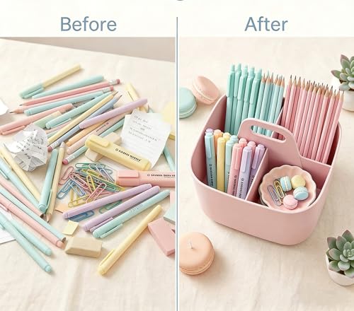 Image of Stackable Portable Handheld Organiser,Multi-Purpose Desktop Divider Organiser Basket For Crafts Or School Supplies Desk,Office,Stationery Pencil Holder,Dorm Room(Pink)