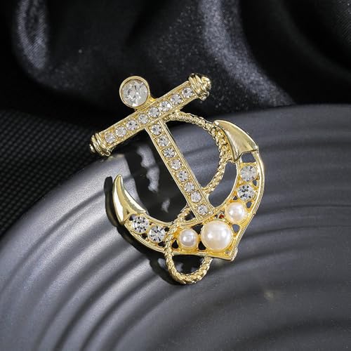 Image of Personality Pearl Crystal Anchor Fashion Brooch Pin Women's Clothing Accessories Jewelry Crystal Boat Anchor Brooch Rudder Brooch Pin