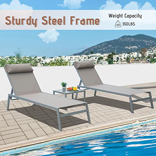 Domi Lounge Chair Set Of 3, Lounge Chairs For Outside With Table, 5 Position Adjustable Outdoor Chaise Lounge With Headrest For Poolside, Beach, Garden, Backyard, Patio (Khaki) #TOP2