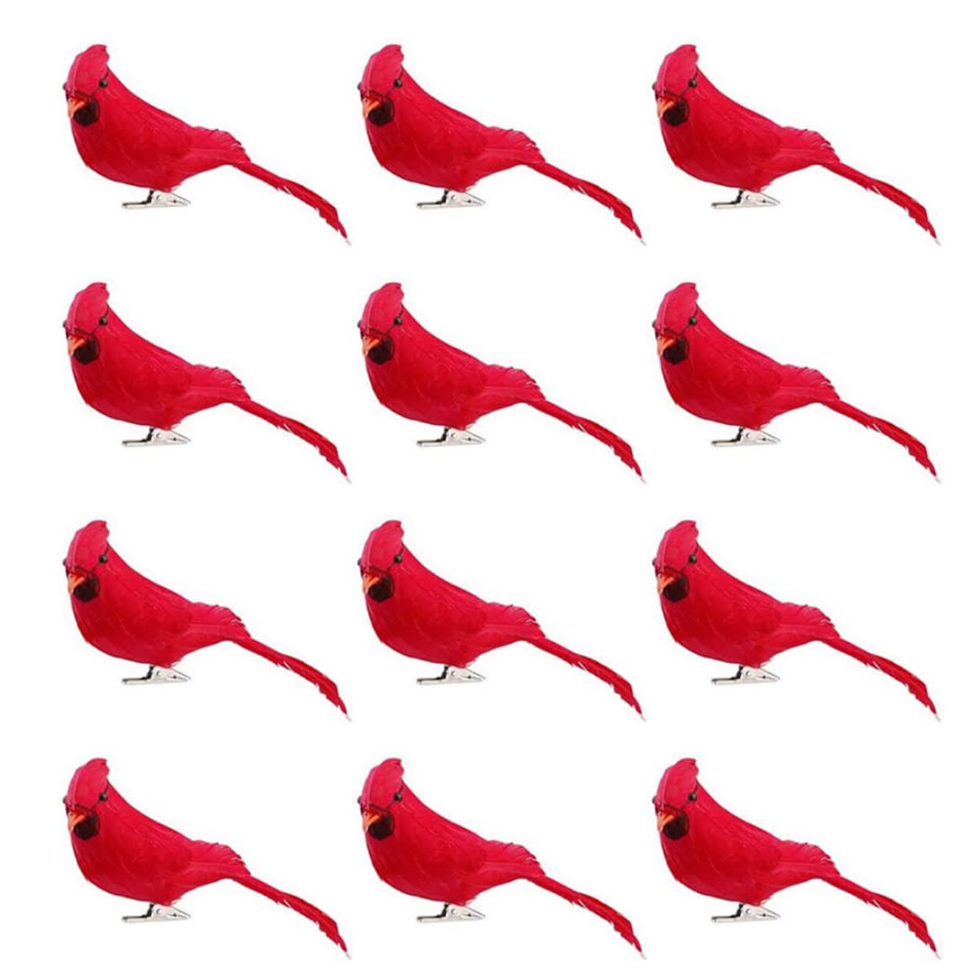 Oiseaux Cardinaux artificiels pour sapin de Noël avec clip et plumes, lot de 12