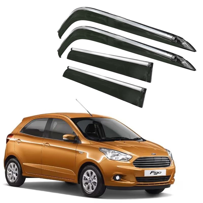 Image of CAR SAAZ Side Door Visors for Figo (2015-2021)(Set 4Pcs)|Chrome Lined Rain Guards, Polycarbonate, Smoke Finish