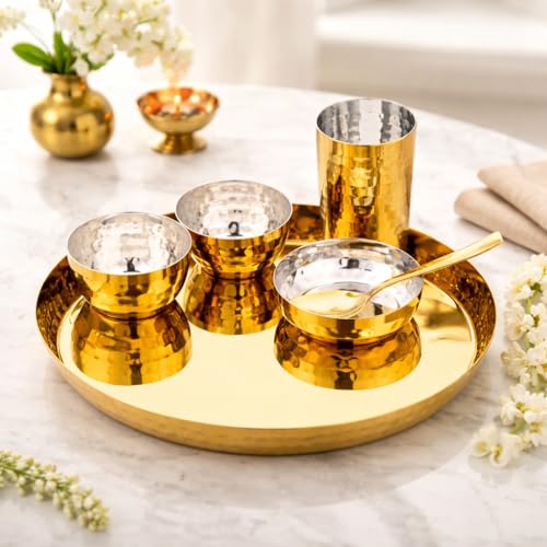 Image of Silverglow Aurum PVD Gold Plated Stainless Steel Dinner Set (6 Pcs) | Hammered Luxury Thali Set with Plate, Glass, Bowls & Spoon | Premium Dining Set | Wedding, Diwali, Pooja, Housewarming Gift Set