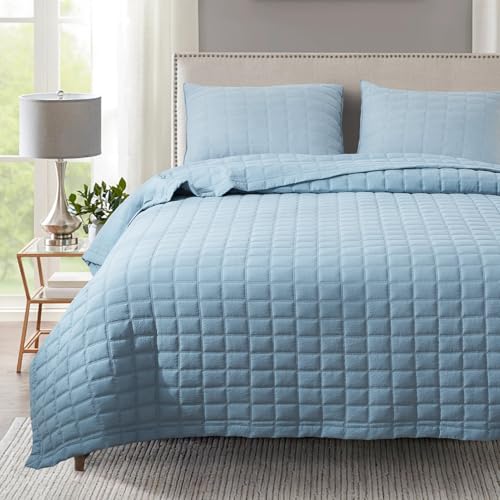 Kasentex Quilt-Bedding-Coverlet-Blanket-Set, Machine Washable, Ultra Soft, Lightweight, Stone-Washed, Detailed Stitching-Solid Color, Single/Twin + 2 Shams, Grey Blue Grey Blue Twin + 2 Sham