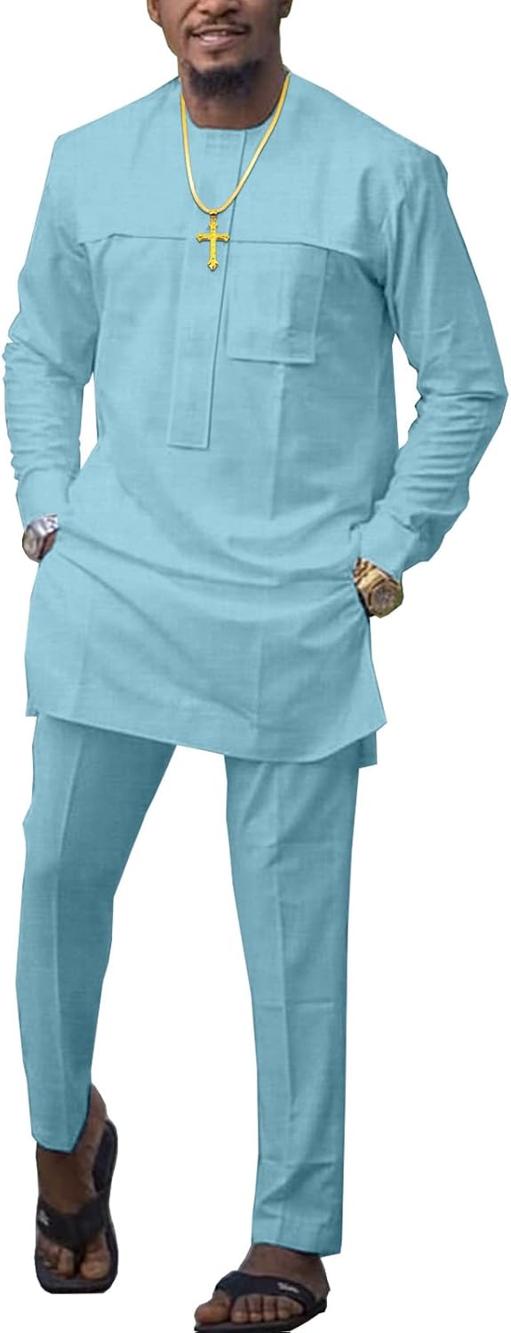 African Suit for Men Traditional Tribal Outfits Dashiki Long Sleeve Top Pants Clothing 2 Piece Casual Daily Attire