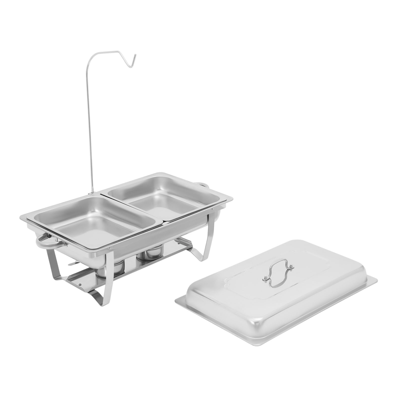 Doppio chafing dish scaldabagno in acciaio inox 410-9L volume totale (2 padelle da 4,5 l), con 2 supporti combustibili e struttura pieghevole, per catering, buffet e feste
