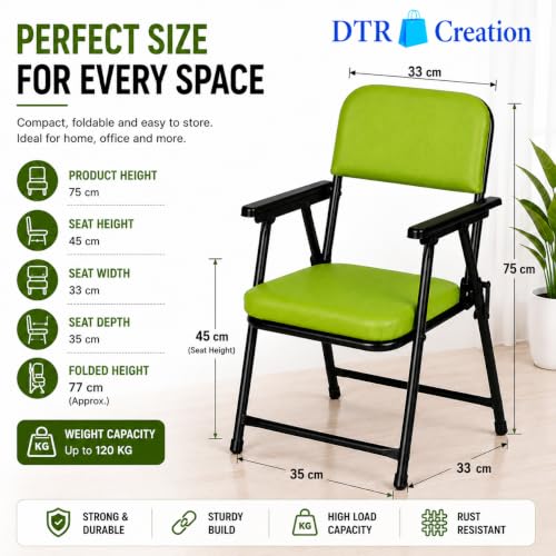 Image of Foldable Cushioned Chair with Armrests | Heavy Duty Metal Frame | Soft Padded Seat & Backrest | Space Saving Folding Chair for Home, Office, Study & Guest Seating | Green