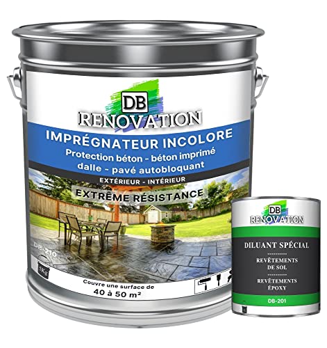 DB Rénovation Vernis de protection sol béton, pierre pour Terrasse, façade - Imperméabilisant, Hydrofuge, Anti-tâche - Incolore 5 KG + 1L Diluant