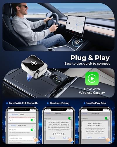 Image of Jemluse Wireless CarPlay Adapter for Apple - Mini Size, Fast Stable Connection Convert Wired to Wireless Car Play Dongle for iPhone iOS 10+, Plug & Play for Cars from 2016+ w /USB-C (Silver)