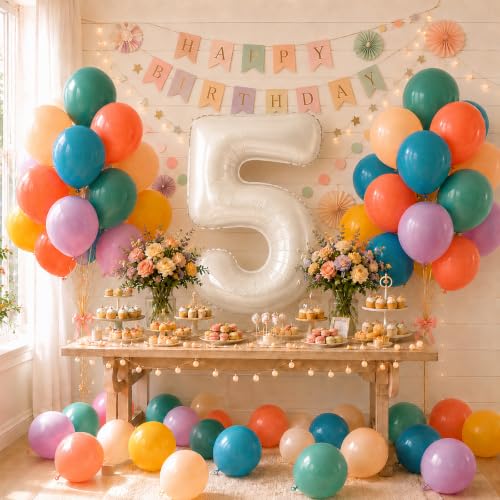 Image of 40 Inch Boho Rainbow Number 5 Balloon Tower for 5th Birthday Decorations