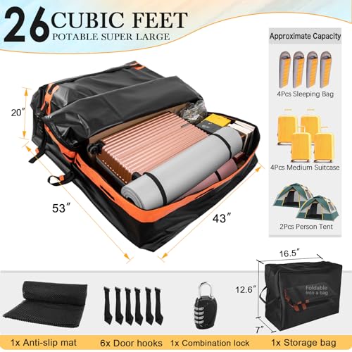 Rooftop Cargo Bag, 26 Cubic Feet Rooftop Cargo Carrier Bag, Car Roof Cargo Carrier Bag, Waterproof Car Roof Top Cargo Carriers, for All Cars with/Without Rack, Car Roof Bag, SUV Rooftop Cargo Carrier - Thumbnail 7