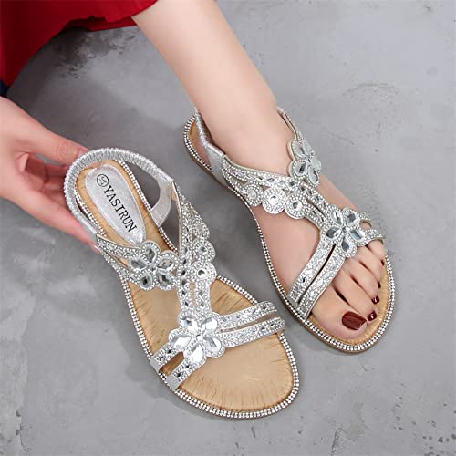 SWZEC Womens Flat Sandals Elastic Ankle Strap Beaded Flowers Rhinestones Low Wedge Peep Toe Ladies Summer Beach Sandals (8,Silver)