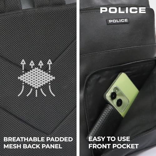 Image of Police KYLO Vegan Leather Laptop Backpack for Men & Women | 15 Inch Laptop Bag | Lightweight Stylish Office Backpack | Front Pocket | Adjustable Padded Straps | Travel Work Backpack - Black /Tan