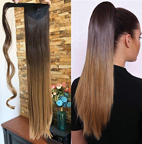 Straight Wrap around Ponytail Dark Brown blonde Ombre Hair Extensions 22inches Long Hairpiece for Women Girl Gift (22 Inch (Pack of 1), Straight- Dark brown+dark blonde)