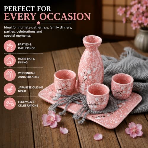 Image of Japanese Ceramic Sake Set - 5 Piece Pink Floral Blossom Sake Set with 1 Sake Bottle (Tokkuri) & 4 Sake Cups | Traditional Japanese Wine Set for Drinks, Shochu & Home Bar | House Warming | Gift Set