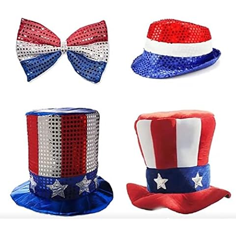YaYuanSun Uncle Sam Set Include Sequin Hat Top Hat and Bow Tie for Party Costume Patriotic Party Supplies, Labor Day 4th of July Festival Accessory, 4 Pack Cover