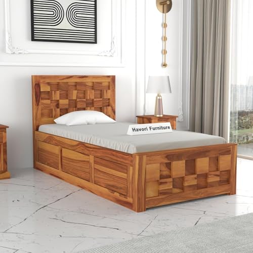 Image of Solid Sheesham Wood Single Size Bed with Box Storage for Bedroom Living Room Single Cot for Home Wooden Palang for Hotel (Honey, Size 6 * 4)