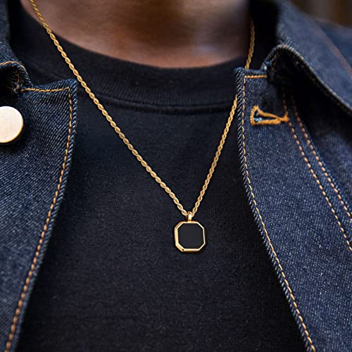 Trumium Black Onyx Pendant Necklace For Mens Womens 14K Gold Plated Stainless Steel Necklace Curb Chain 22Inch #TOP4