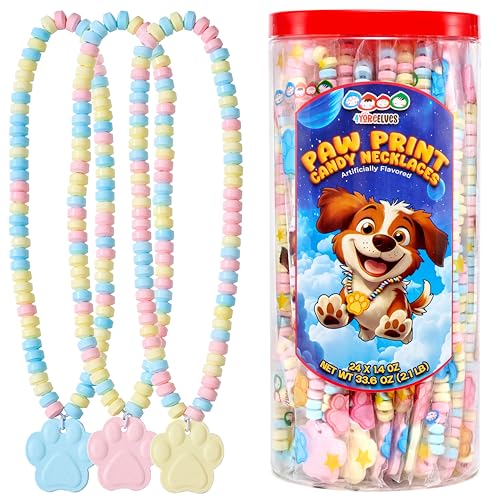 24 Paw Print Candy Necklaces, Great for Bluey or Paw Patrol Parties or Goody Bags, Dog-themed Decor, Novelty Candy Necklaces with Paw Print Pendant, by 4YoreElves