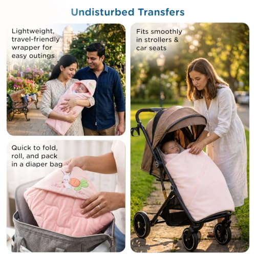 Image of Mee Mee 3-in-1 Baby Wrapper & Carry Nest for Newborns | Soft Breathable Cotton Swaddle with Hood and Cushion | Adjustable Tie-Up Design | Lightweight, Cozy & Easy to Carry (0-6 Months) (Pink)