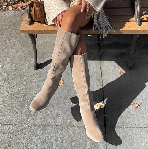 Knee High Boots for Women Chunky Heel Square Toe Tall Boots with Side Zipper Fashion Party Wide Calf Long Boots3