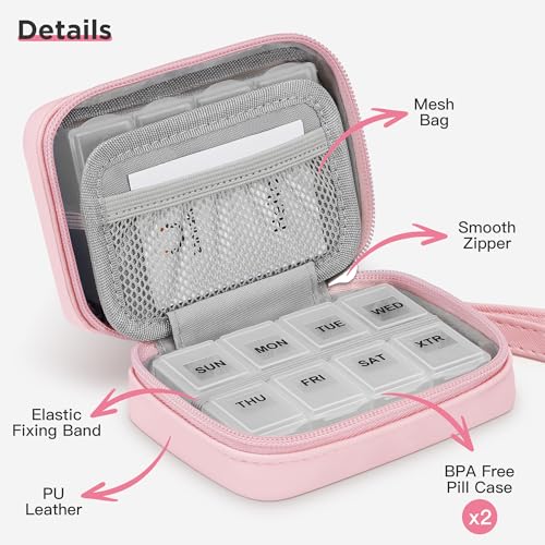 Image of Zannaki Cute Pill Organizer for Purse with Two Removable 7-Day Pill Box, Travel PU Leather Pill Case, Portable Weekly Pill Container with Storage Bag to Hold Vitamins, Fish Oils, Supplements (Pink)