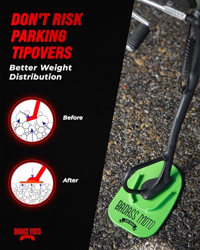 Image of Badass Moto Motorcycle Kickstand Pads - Motorcycle Pads Durable Motorcycle Kickstand Plate, Biker Kick Stand, Motorcycle Stand Pad - Park Your Bike on Hot Pavement, Grass- Go Fast Green(4-Pack)
