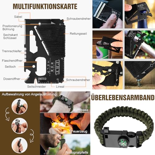 Survival Kit, Professionelles 14 in 1 Notfall Ausrüstung, Survival Ausrüstung für Outdoor Camping, Abenteuer, Wandern, Jagen, Angeln, Männer, Väter