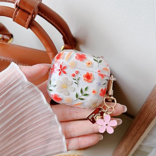 Image of MINSCOSE for AirPods 4 Clear Case,Cute Floral Leaves Pattern Design with Girly Flower Keychain,Soft Silicone Protective Shockproof Cover with Cleaner Kit for Girls Women for Airpod 4-Orange