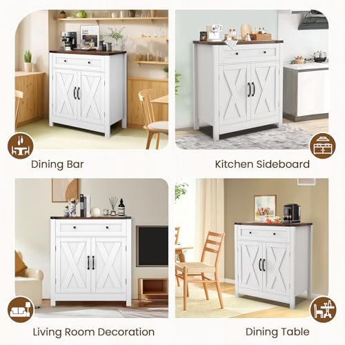 GRUSIGN 30\" Coffee Bar Station, Kitchen Sideboard Buffet Cabinet with a Drawer and Adjustable Shelf, Modern Farmhouse Storage Cabinet for Kitchen, Living Room, Entryway, White