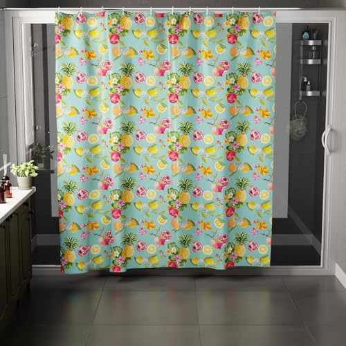 Image of Encasa XO Bathroom Shower Curtain 8 Feet with 10 Hooks | (56x96 in) Quick Dry Heavy Printed Polyester Fabric Bathroom Curtains Waterproof | Machine Washable, Mould & Mildew Resistant - Pineapple