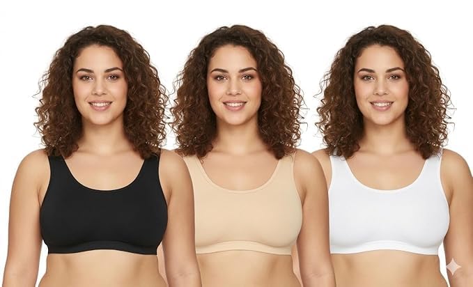 Women Comfort Air Sports Bra Pack of 3 | Non-Padded Wirefree Stretchable Everyday Bra | Breathable Lightweight Comfort Fit | Black White Skin-image-12