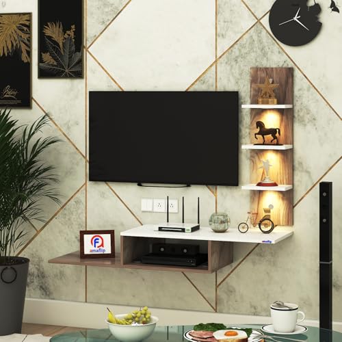 Image of Thomas Engineered Wood LED Light TV Unit Wall Mounted TV Unit Wall TV Stand TV Cabinet for Living Room, Set Top Box Stand - CoachWood /White (D.I.Y - Do-It-Yourself) Ideal for Up to 43 inch Inches