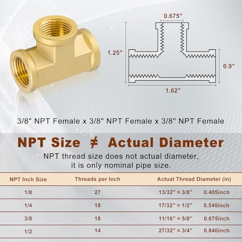 Image of 5pcs 3 /8 inch NPT Female Pipe to 3 /8 inch NPT Female Pipe to 3 /8 inch NPT Female Metals Brass Barstock Street Tee Pipe Hose Fitting