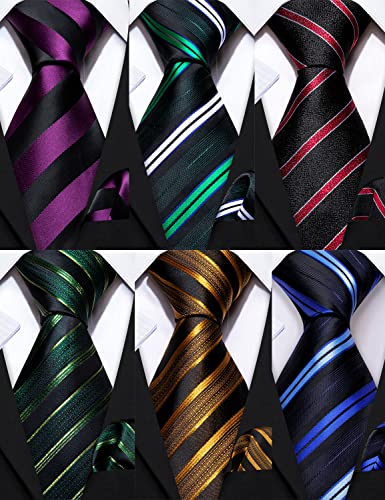 Image of Barry.Wang 6 PCS Men Ties Set Silk Business Fashion Woven Necktie Handkerchief Cufflinks Paisley Stripe Wedding Party