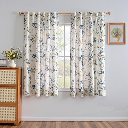 Image of MYSKY HOME Linen Floral Curtains 63 Inches Long Semi Sheer 2 Panels
