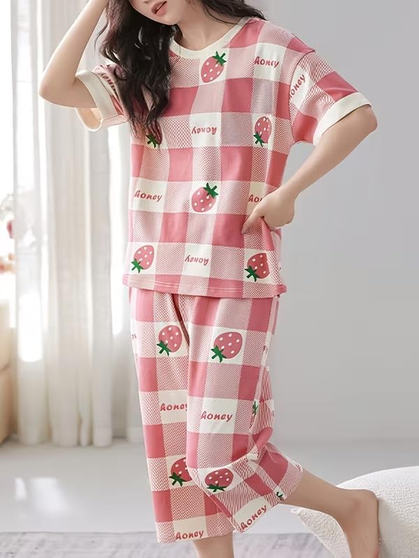 Image of Women Capri Pajama Set Korean Style Nightsuit Soft Breathable Top and Mid Length Pants Lightweight Loose Fit Nightwear Loungewear