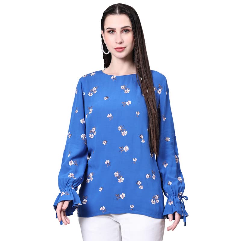 POMEGAL Women Viscose Moss Floral Printed Blue Round Neck Full Sleeves Hip Length Top