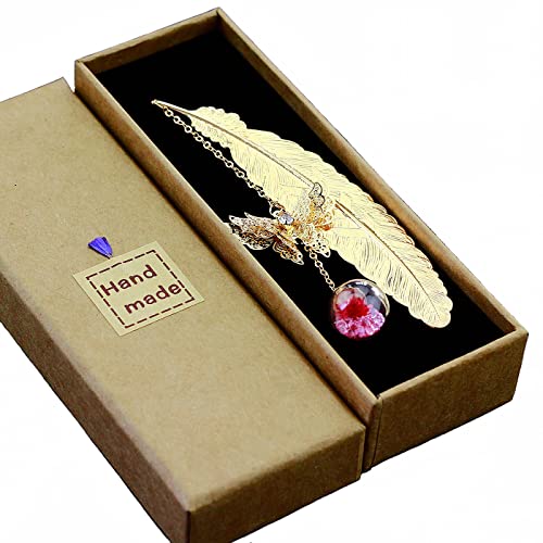 Handmade Metal Feather Bookmarks Vintage Style With 3D Butterfly And Crystal Dry Flower Pendant (Safflower crystal pendant)