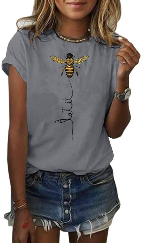 PfvkereeWomens Cute Bee Graphic Tee Shirts Short Sleeve Let It Bee Funny Letter Print Summer T-Shirt Tops