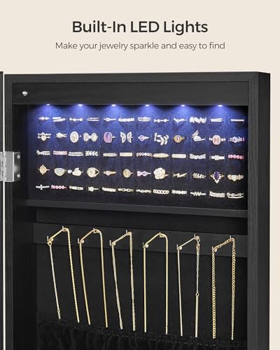 Image of SONGMICS Hanging Jewelry Cabinet, Wall-Mounted Cabinet with LED Interior Lights, Door-Mounted Jewelry Organizer, Full-Length Mirror, Gift Idea, Ink Black UJJC099B01