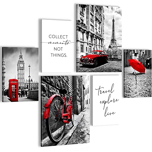 Cuadros Londres Paris Ciudades - CON ESTILO, SIN NECESIDAD DE MARCO - Moderne Collage Negro Rojo - Salón Dormitorio - N024563a