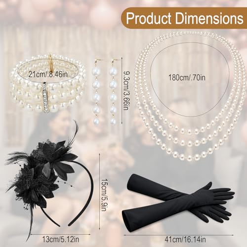 kelav Accesorios Años 20 Mujer, Años 20 con Juego de Accesorios, Juego de Traje Gatsby con Diadema Guantes Collar de Perlas Pendientes, Accesorio Charleston para Mujer Navidad Carnaval - imagen 2