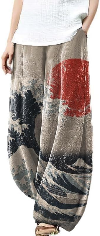 MARSVOVO Women's Palazzo Pants Dressy Casual Elastic Waist Hippie Pants Japanese Art Loose House Outdoor Pants Plus Size