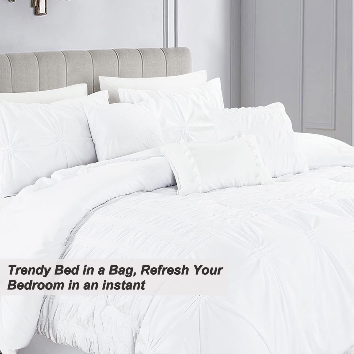 MERRY HOME Set di biancheria da letto in una borsa California King Size Comforter Set con lenzuola, 7 pezzi, morbido e confortevole per tutte le stagioni (bianco, Cal King